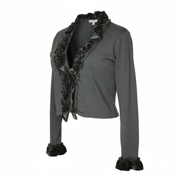 Dressbarn Collection Size L Gray Velvet Ruffle Trim Cropped Cardigan - Picture 2 of 5